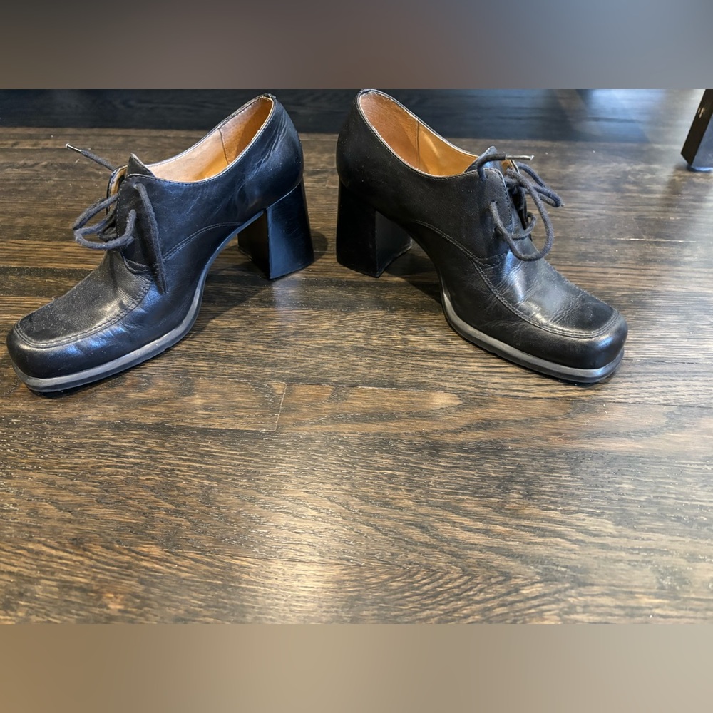 Vintage 90s Y2K Chunky Block Heel Leather Oxfords Boots Shoes Size 7